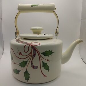 Lenox Holiday Nouveau Enamel Teakettle Christmas Holly Ribbon‎ Made Thailand